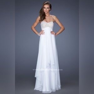 La Femme Jewel and Pearl Strapless Prom Gown